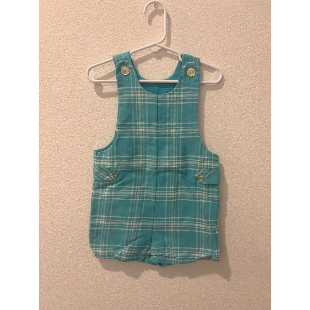 Vintage Blue Plaid‎ Romper Kids Sleeveless Button Shoulder One Piece Checkered